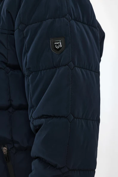 Erkek Lacivert Standart Fit Normal Kesim Çıkmalı Kapüşon Dik Yaka Mont - 4