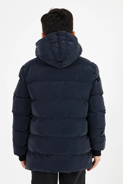 Lacivert Erkek Çocuk Sabit Kapüşonlu Şişme Deri Karışımlı Kumaş Mont&Kaban - Resim 6