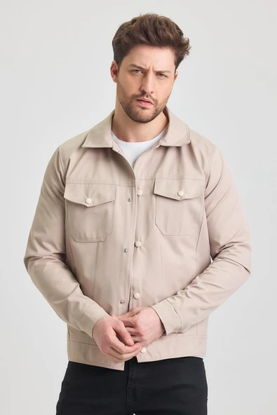 Krem Erkek Pamuk Polyester Karışımlı Su Ve Rüzgar Geçirmez Mevsimlik&Yazlık Mont - Resim 3