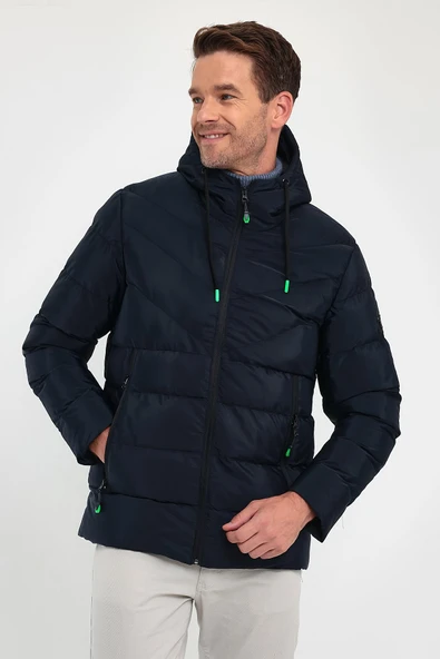 Erkek Lacivert Standart Fit Normal Kesim İçi Kürklü Sabit Kapüşon Dik Yaka Mont - 5