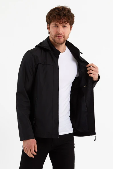 Yeni Sezon Erkek Siyah Kapüşonlu İç Cepli Su Ve Rüzgar Geçirmez Mevsimlik&Yazlık Mont - Resim 2