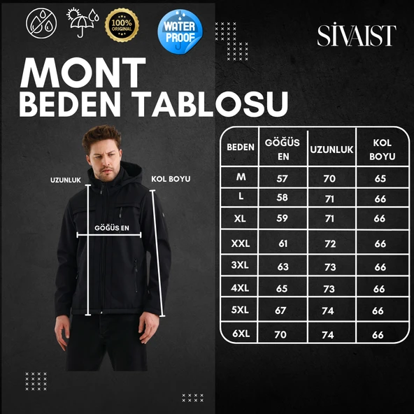 Siyah Erkek %100 Su Geçirmez İçi Polarlı İç Çepli Çıkartılabilir Kapüşonlu Softshell Mont&Kaban - 5
