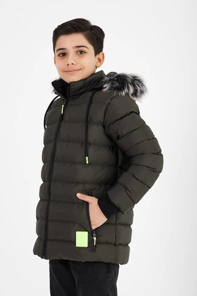 Yeşil Erkek Çocuk Çıkartılabilir Kapüşonlu Şişme Deri Karışımlı Kumaş Mont&Kaban - Resim 3