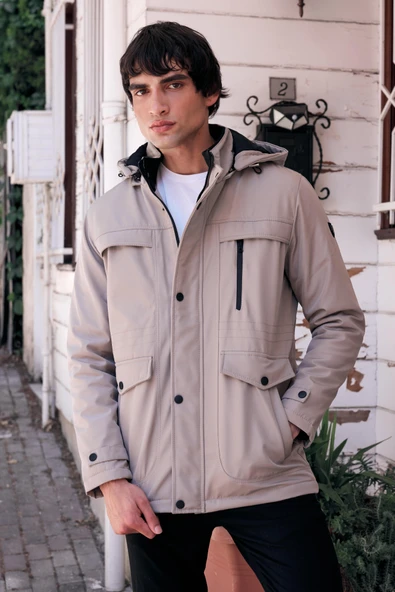 Erkek Krem Pamuk Polyester Karışımlı Kürklü Çıkartılabilir Kapüşonlu Mont&Kaban - 1