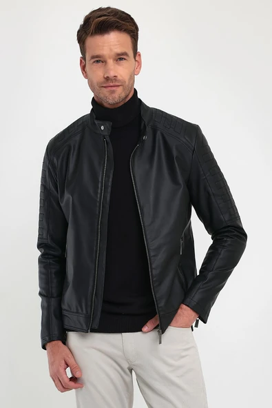 Erkek Siyah Basic Deri Demir Fermuar Detaylı İçi Kürklü Ceket&Mont ürün görseli 1