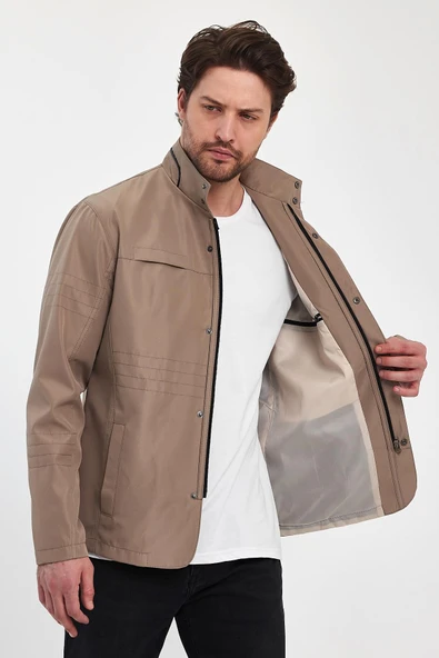Erkek Krem Regular Uzun Mevsimlik Pamuk Polyester Karışımlı Safari Mont&Ceket - 4