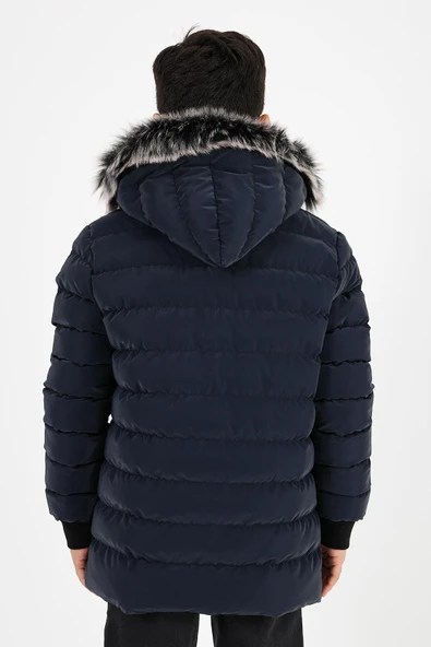 Lacivert Erkek Çocuk Çıkartılabilir Kapüşonlu Şişme Deri Karışımlı Kumaş Mont&Kaban - Resim 6