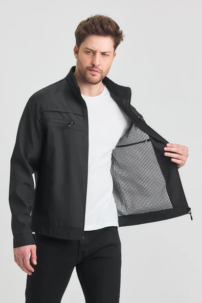 Siyah Erkek Pamuk Polyester Karışımlı Çift Göğüs Fermuarlı Su Ve Rüzgar Geçirmez Mevsimlik&Yazlık Mont - Resim 2