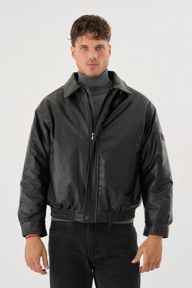 Erkek Siyah Deri Oversize Basic Mont&Ceket - Resim 2