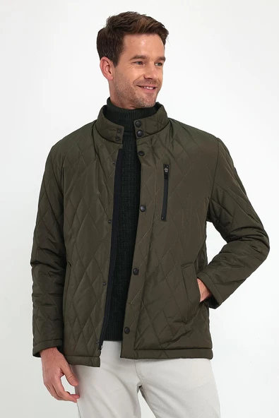 Erkek Yeşil Standart Fit Normal Kesim İçi Kürklü Dik Yaka Çıtçıtlı Dolgulu Desenli Overcoat - Resim 2