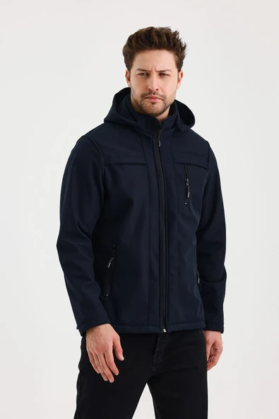 Lacivert Erkek %100 Su Geçirmez İçi Polarlı İç Çepli Çıkartılabilir Kapüşonlu Softshell Mont&Kaban - Resim 2