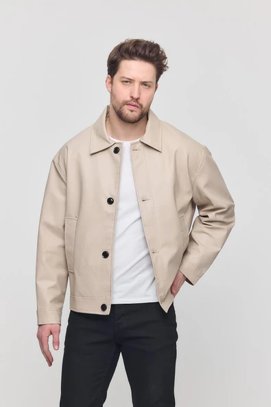 Krem Erkek Basic Suni Deri Yazlık Ceket&Mont