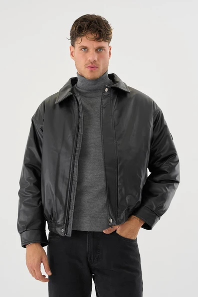 Erkek Siyah Deri Oversize Basic Mont&Ceket ürün görseli 1