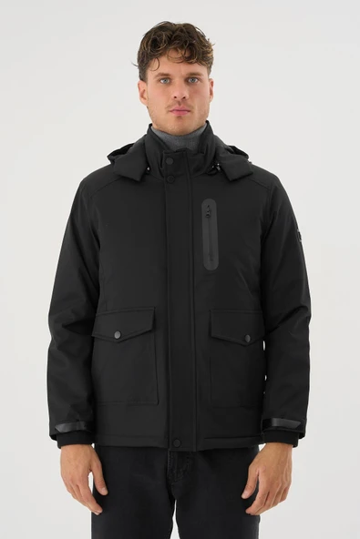 Erkek Siyah Su Ve Rüzgar Geçirmez Çıkartılabilir Kapüşonlu Mont&Kaban ürün görseli 1
