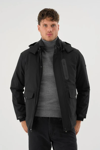 Erkek Siyah Su Ve Rüzgar Geçirmez Çıkartılabilir Kapüşonlu Mont&Kaban - Resim 2