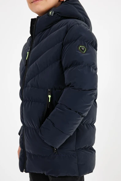 Lacivert Erkek Çocuk Sabit Kapüşonlu Şişme Deri Karışımlı Kumaş Mont&Kaban - Resim 5