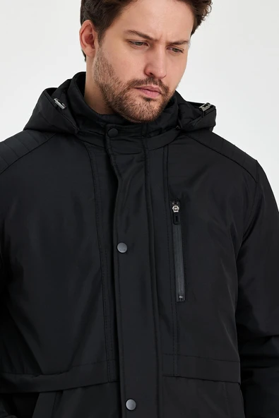 Siyah İçi Kalın Kürklü Çıkartılabilir Kapüşonlu Rüzgar Ve Su Geçirmez Mont&Kaban - Resim 4