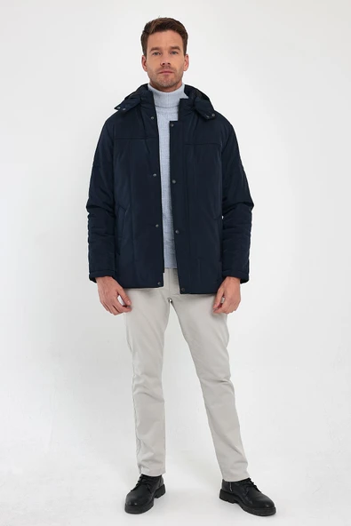 Erkek Lacivert Standart Fit Normal Kesim Çıkmalı Kapüşon Dik Yaka Mont - Resim 4