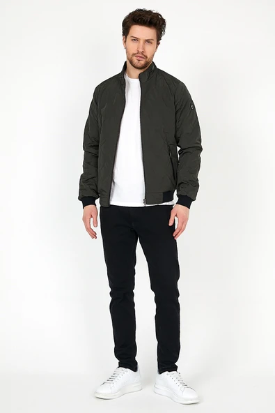 YENİ SEZON ERKEK YEŞİL MEVSİMLİK TRİKO VE DERİ BİYE DETAYLI FERMUARLI İÇ CEPLİ MONT&CEKET - Resim 3