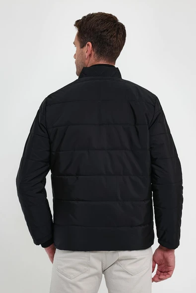 Erkek Siyah Standart Fit Normal Kesim Dik Yaka Omuz Detaylı Kışlık Mont - Resim 6