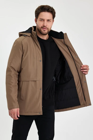 Kahverengi İçi Kalın Kürklü Çıkartılabilir Kapüşonlu Rüzgar Ve Su Geçirmez Mont&Kaban - Resim 2