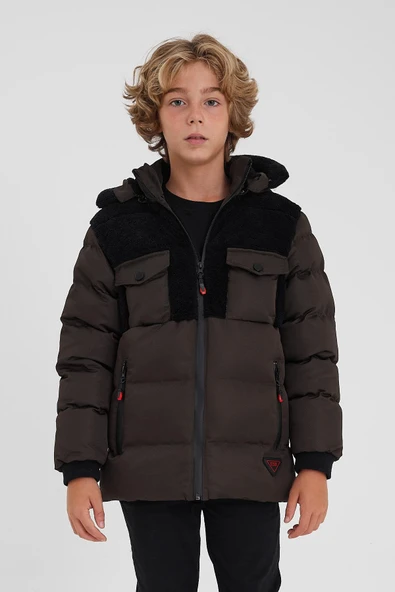 Yeşil Peluş Detaylı İçi Kürklü Kalın Şişme Erkek Çocuk Mont&Kaban ürün görseli 1