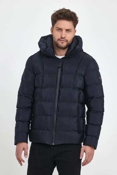 Erkek Lacivert Su Ve Rüzgar Geçirmez Sabit Kapüşonlu Pofuduk Yaka Kalın Içi Kürklü Şişme Mont&Kaban ürün görseli 1