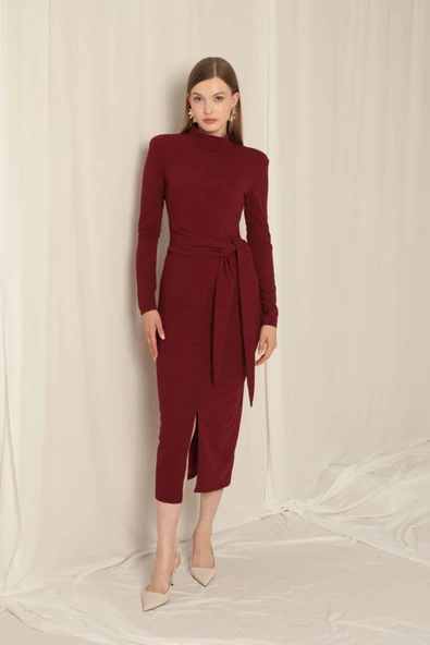 Krep Kumaş Bağlamalı Bordo Elbise ürün görseli
