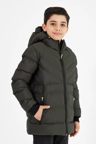 Yeşil Erkek Çocuk Sabit Kapüşonlu Şişme Deri Karışımlı Kumaş Mont&Kaban - Resim 3