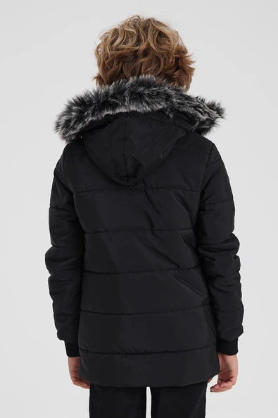 SİVAİST SİYAH ERKEK ÇOCUK SU VE RÜZGAR GEÇİRMEZ ÇIKARTILABİLİR KAPÜŞONLU YIKANABİLİR İÇİ KÜRKLÜ MONT & KABAN - Resim 6