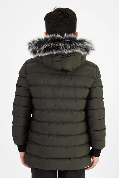 Yeşil Erkek Çocuk Çıkartılabilir Kapüşonlu Şişme Deri Karışımlı Kumaş Mont&Kaban - Resim 6