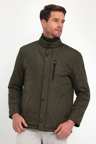 Erkek Yeşil Standart Fit Normal Kesim İçi Kürklü Dik Yaka Çıtçıtlı Dolgulu Desenli Overcoat - Resim 4