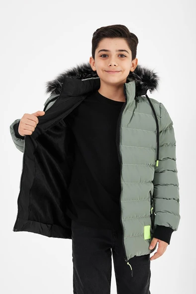 Açık Yeşil Erkek Çocuk Çıkartılabilir Kapüşonlu Şişme Deri Karışımlı Kumaş Mont&Kaban - Resim 4