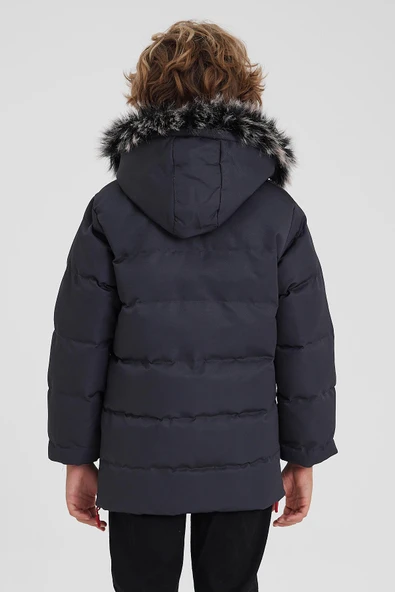 Gri Çıkartılabilir Kapüşonlu İçi Kürklü Kalın Şişme Erkek Çocuk Mont&Kaban - Resim 6