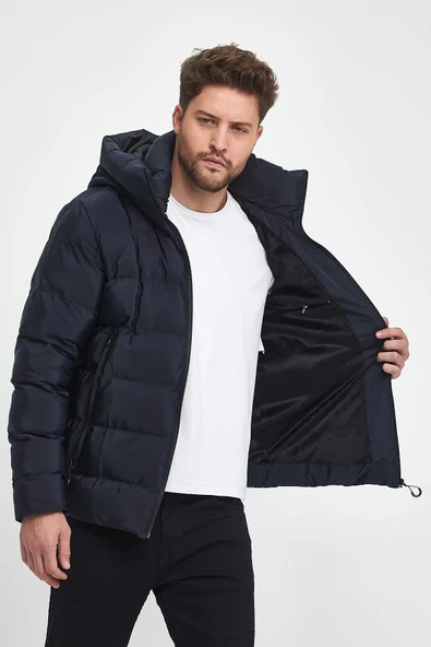 Erkek Lacivert Su Ve Rüzgar Geçirmez Sabit Kapüşonlu Pofuduk Yaka Kalın Içi Kürklü Şişme Mont&Kaban - Resim 3