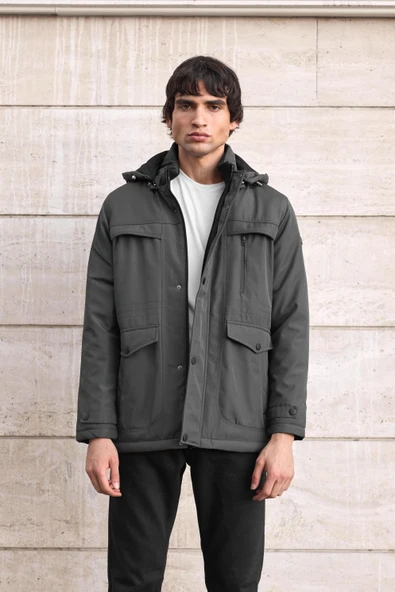 Erkek Gri Pamuk Polyester Karışımlı Kürklü Çıkartılabilir Kapüşonlu Mont&Kaban - Resim 2
