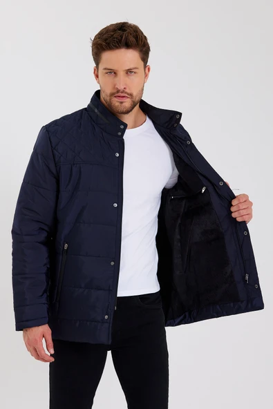 Erkek Lacivert Regular İç Cepli İçi Kürklü Yıkanabilir Regular Kapitone Mont&Kaban - Resim 3