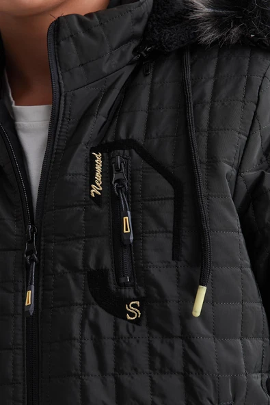 Yeşil Erkek Çocuk Su Ve Rüzgar Geçirmez Çıkartılabilir Kapüşonlu Kapitone Mont&Kaban - Resim 5