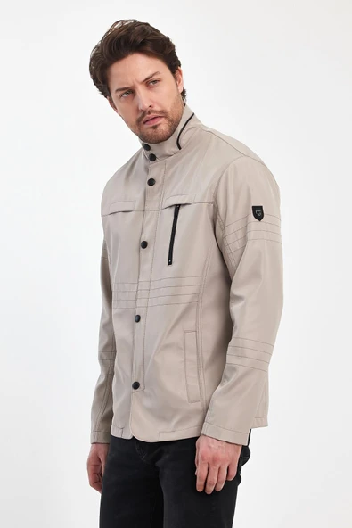Erkek Açık Krem Regular Uzun Mevsimlik Pamuk Polyester Karışımlı Safari Mont&Ceket - Resim 2