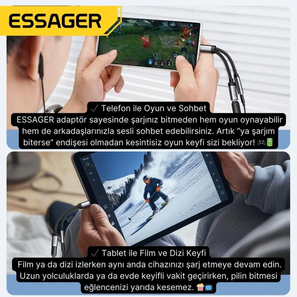 Essager 60W Şarj 2in1 Type-C to Type-C Dönüştürücü Çevirici Çoklayıcı Hızlı Şarj Type-C Kulaklık Çıkışı, Hifi Ses ve Hızlı Şarj Adaptörü - 11