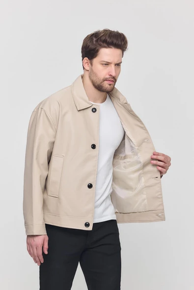 Krem Erkek Basic Suni Deri Yazlık Ceket&Mont - 4