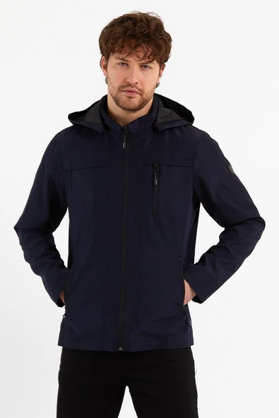 Yeni Sezon Erkek Lacivert Kapüşonlu İç Cepli Su Ve Rüzgar Geçirmez Mevsimlik&Yazlık Mont - Resim 2