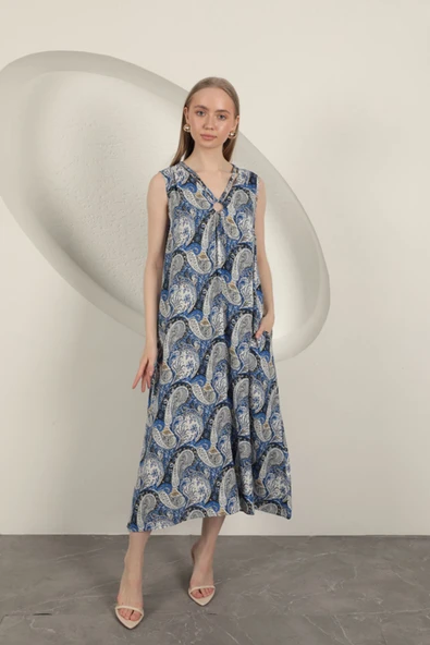 Viskon Kumaş Etnik Desenli Elbise-Saks ürün görseli