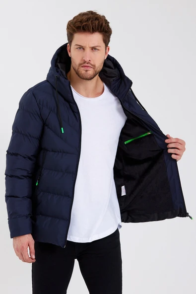 SİVAİST YENİ SEZON ERKEK LACİVERT SU VE RÜZGAR GEÇİRMEZ KAPÜŞONLU KALIN İÇİ KÜRKLÜ ŞİŞME KABAN&MONT - Resim 3