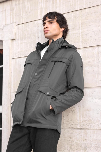 Erkek Gri Pamuk Polyester Karışımlı Kürklü Çıkartılabilir Kapüşonlu Mont&Kaban - Resim 3