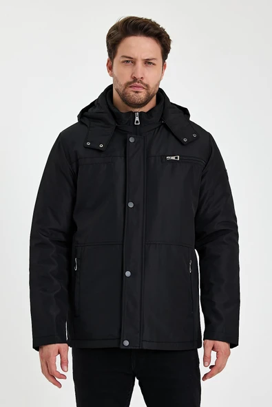 Siyah İçi Kalın Kürklü Çıkartılabilir Kapüşonlu Fermuar Çepli Rüzgar Ve Su Geçirmez Mont&Kaban ürün görseli 1