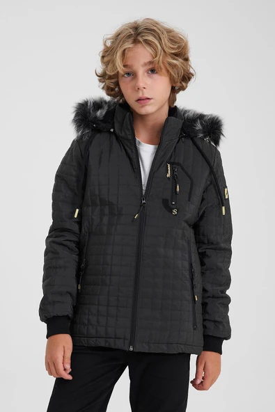 Yeşil Erkek Çocuk Su Ve Rüzgar Geçirmez Çıkartılabilir Kapüşonlu Kapitone Mont&Kaban ürün görseli 1