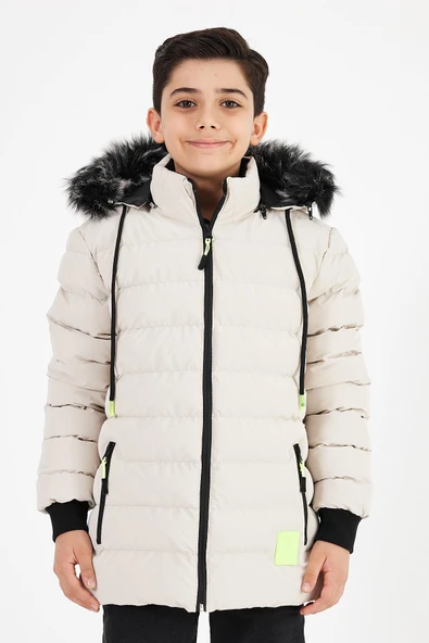 Krem Erkek Çocuk Çıkartılabilir Kapüşonlu Şişme Deri Karışımlı Kumaş Mont&Kaban ürün görseli 1