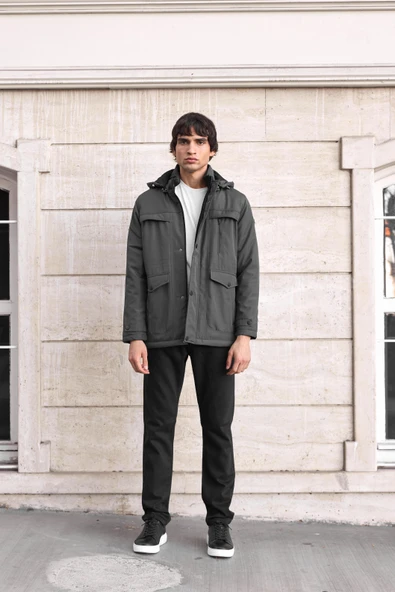Erkek Gri Pamuk Polyester Karışımlı Kürklü Çıkartılabilir Kapüşonlu Mont&Kaban - Resim 4