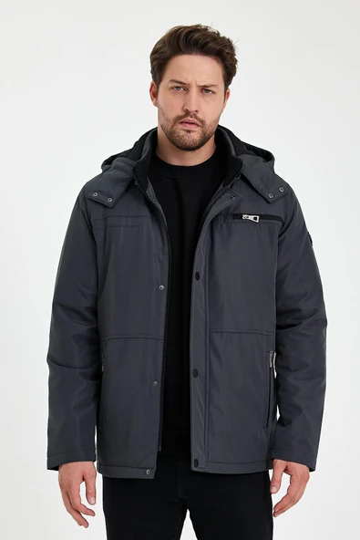 Gri İçi Kalın Kürklü Çıkartılabilir Kapüşonlu Fermuar Çepli Rüzgar Ve Su Geçirmez Mont&Kaban - Resim 2